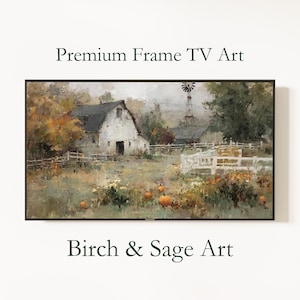 May include: A digital television display showing a landscape painting of a white barn, a windmill, and a pumpkin patch. The text Premium Frame TV Art appears above the screen, and the text Birch & Sage Art appears below the screen.
