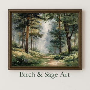May include: A framed landscape painting of a forest scene with tall trees, a path, and soft light. The artwork features greens, browns, and blues. The text "Birch & Sage Art" is at the bottom of the image.