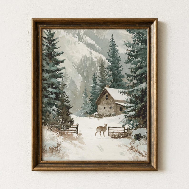 Rustic Winter Cabin Wall Art With Deer – Snowy Woodland Printable, Cozy ...