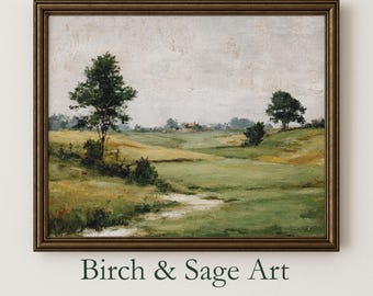 English Countryside Landscape Painting - Printable Sage Green Wall Art, Serene Green Fields, Cottagecore Decor, Earthy Home Accent 305