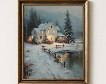 Lámina navideña vintage estilo cabaña - Arte de pared invernal acogedor, escena nevada rústica, decoración navideña imprimible, descarga digital con suave estilo pictórico 463