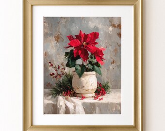 赤いポインセチアのクリスマス絵画、印刷可能な壁アート、暗い冬の花の
