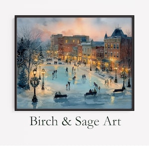 Vintage Winter Ice Skating Scene - Printable Watercolor Art, Nostalgic Childhood Memories, Festive Holiday Wall Decor, Winter Painting 123