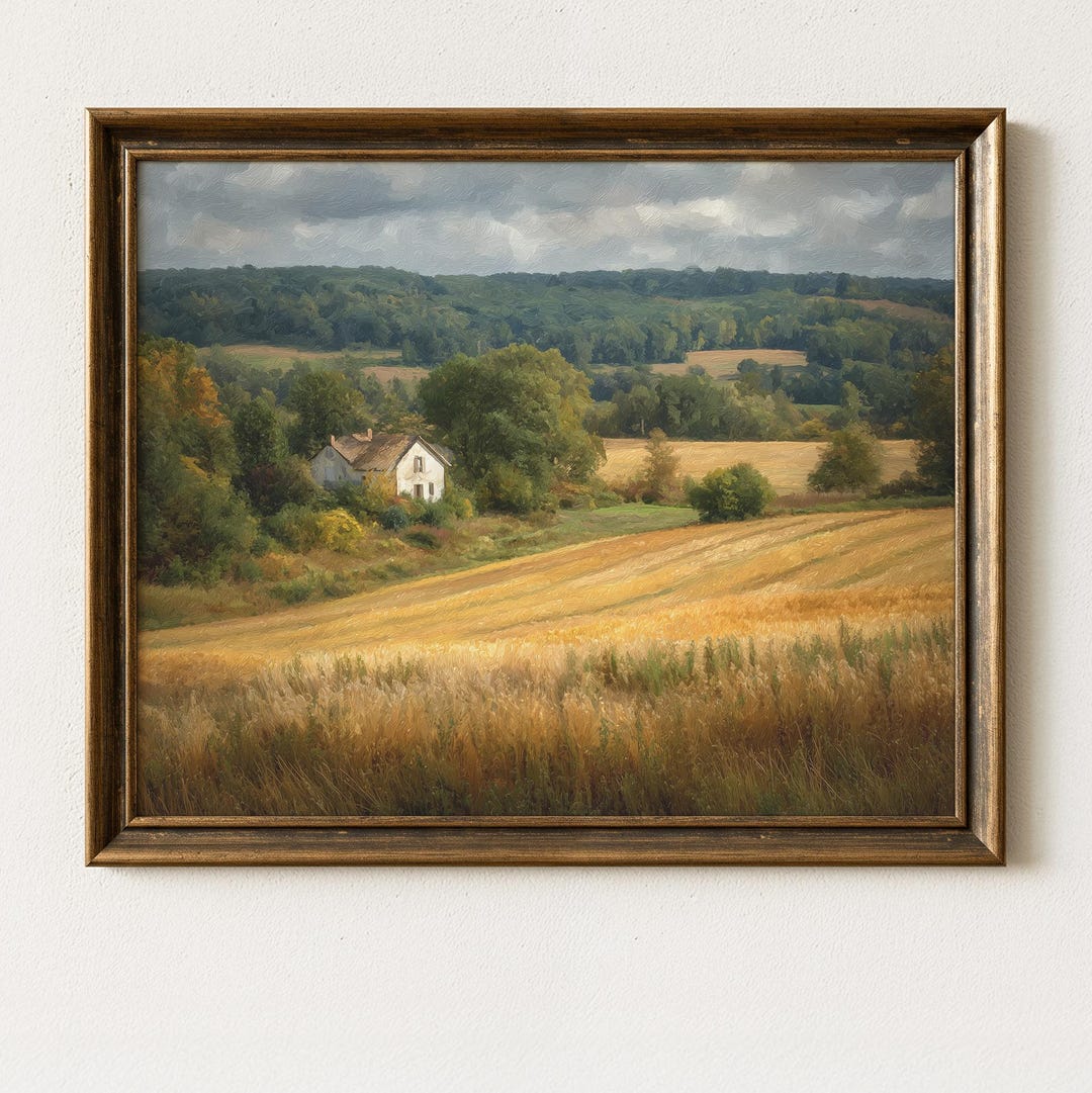 Rustic Farmhouse Landscape Painting - Cozy Country Hillside, Earthy ...