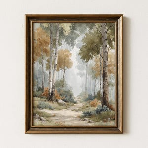 Può includere: Una stampa artistica incorniciata che raffigura una scena boschiva con alti alberi di betulla, fogliame verde e marrone dorato, e un sentiero sterrato che conduce verso uno sfondo nebbioso e luminoso, racchiusa in una cornice color metallo scuro.