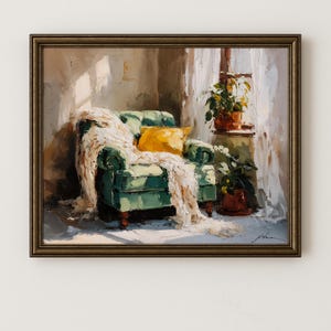 May include: An oil painting depicts a cozy interior scene. A green armchair is adorned with a cream-colored throw and a yellow pillow. Sunlight streams through a window, illuminating the room and potted plants.
