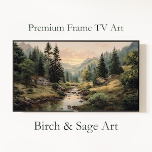 May include: A framed landscape painting of a river flowing through a forest with mountains in the background. The artwork is displayed on a black frame. The text "Premium Frame TV Art" and "Birch & Sage Art" are displayed above and below the artwork.