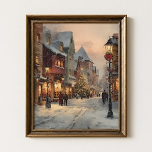 Vintage kerstdorp - nostalgische kerstschilderij, besneeuwd dorp, rustiek vakantiedecor, afdrukbare muurkunst, Cottagecore-print 100