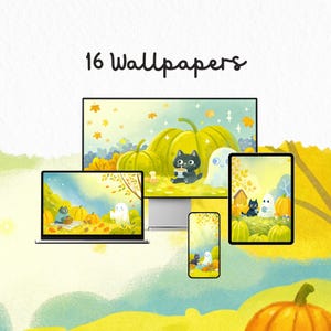 May include: An illustration of 16 wallpapers displayed on various devices, including a computer, laptop, tablet, and phone. The wallpapers feature a fall theme with pumpkins, ghosts, and a black cat. The text "16 Wallpapers" is at the top.