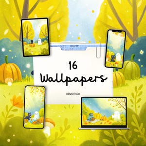 May include: An image showcasing 16 digital wallpapers with a fall theme. The wallpapers are displayed on various devices, including a tablet, phone, and laptop. The designs feature pumpkins, ghosts, and a black cat in a whimsical autumn scene.