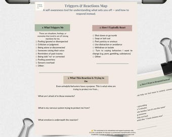 Triggers & Reactions Worksheet | Printable Emotional Regulation Tool | Trauma-Informed Self-Awareness PDF | Mental Health Resource