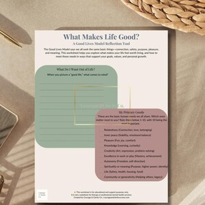 May include: A worksheet titled "What Makes Life Good?" with sections for self-reflection. It includes prompts about life goals and primary needs like connection, safety, and purpose. The design is minimalist with a neutral color palette.