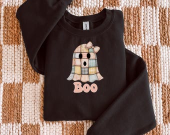 Plaid Patchwork Ghost Sweatshirt – Halloween Crewneck