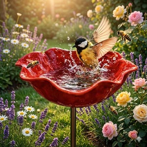 May include: A vibrant red bird bath with a ruffled edge, filled with water. A yellow and black bird splashes in the water, wings spread. Bees fly nearby. The bird bath is surrounded by colorful flowers and greenery, creating a serene garden scene.