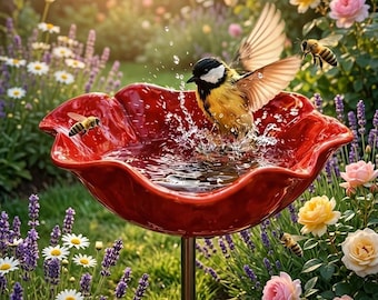 Estaca de jardín con forma de bebedero para pájaros, estación de agua metálica para polinizadores (pájaros y abejas).