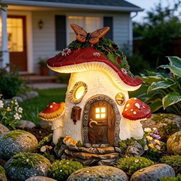 Solar Mushroom Fairy House Light, Fairy Garden Cottage Lamp, LED Outdoor Decor, Whimsical Garden Ornament, Cottagecore Yard Night Light Gift