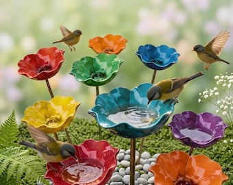 Flower Bird Bath Garden Stake, Outdoor Bird Feeder & Pollinator Water Station, Wildlife Garden Decor, Patio Floral Yard Art Gift