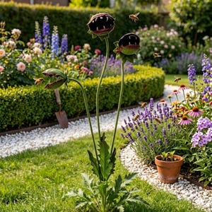 May include: A whimsical garden sculpture featuring three large, stylized flower heads with open, toothy mouths. The flowers are dark maroon with green accents, and bees are flying around them. The sculpture is set in a lush garden with various flowers and greenery.