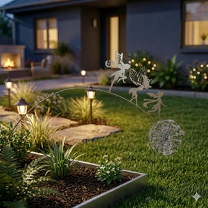 Könnte beinhalten: Eine Metallgarten-Skulptur mit drei Feenfiguren und einem Löwenzahnmotiv. Die Skulptur ist auf einem gebogenen Metallbogen montiert und befindet sich in einem Garten mit grünem Gras und kleinen Lichtern.