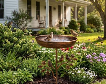 Pieu de jardin en bronze vintage pour bain d'oiseau, bol d'eau rustique abeille colibri, ornement de décoration de jardin extérieur, cadeau de patio animalier