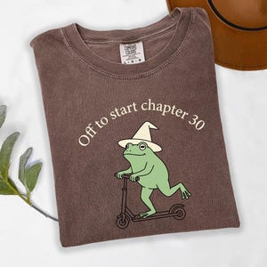 May include: A brown short-sleeved t-shirt featuring a graphic of a green frog wearing a cream-colored pointed hat and riding a black scooter. Above the frog, the text reads "Off to start chapter 30" in a white, curved, serif font.