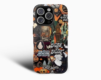 May include: A black phone case with a Halloween-themed collage design. The design includes images of ghosts, pumpkins, and the text "Trick or Treat" and "Stay Creepy". The case has a glossy finish.