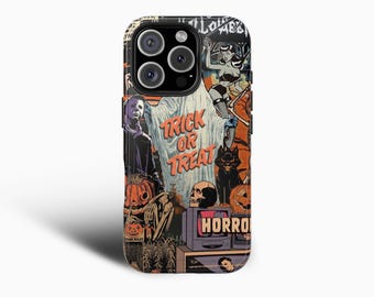 May include: A phone case featuring a collage of Halloween-themed illustrations. The design includes a pumpkin, a black cat, a skull, and the words "Trick or Treat" and "Horror". The case has a glossy finish.