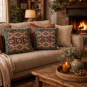 May include: Two decorative throw pillows with geometric patterns in teal, burgundy, and tan sit on a beige sofa. A woven throw blanket and other pillows in complementary colors add to the cozy aesthetic. A wooden coffee table holds a candle, vase, and tray.