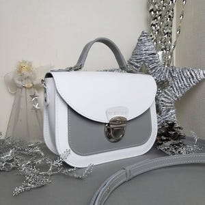 White & Grey Leather Crossbody – Structured Handmade Purse with Silver Clasp – Minimalist Satchel for Women