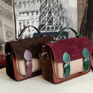 Vintage Leather Satchel Bag – Handmade Crossbody Purse with Buckles – Messenger Bag for Women