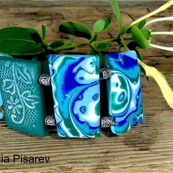 Green, Turquoise, Blue and White Bracelet, Polymer Clay Bracelet, Mokume Gane Abstract Pattern and Embossed Beads Cuff, Sea Colors Bracelet