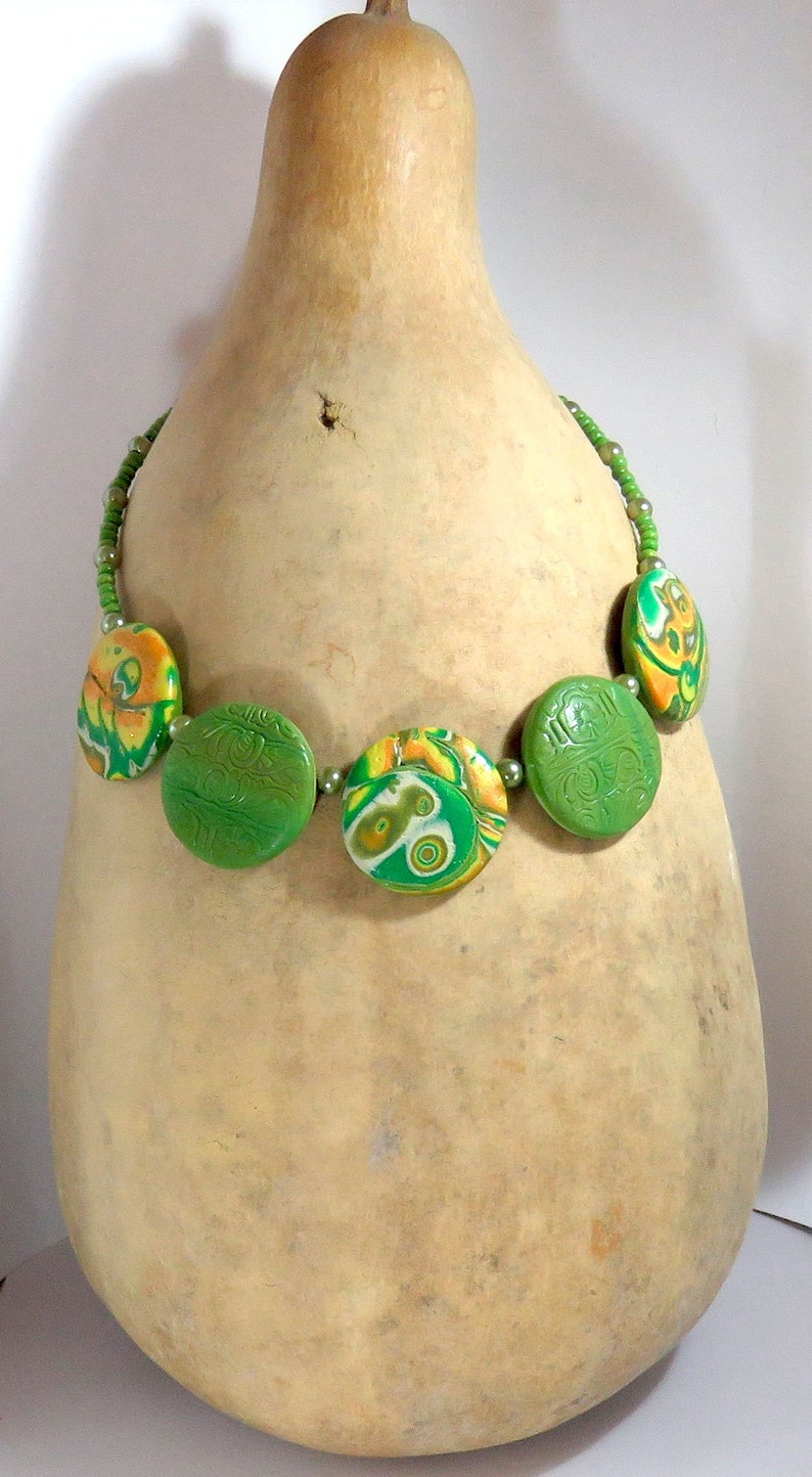 Polymer Clay Round Beads Necklace and Earrings Set Yellow and Orange Fall Colors Jewelry Set Green Necklace and Earrings Set Green