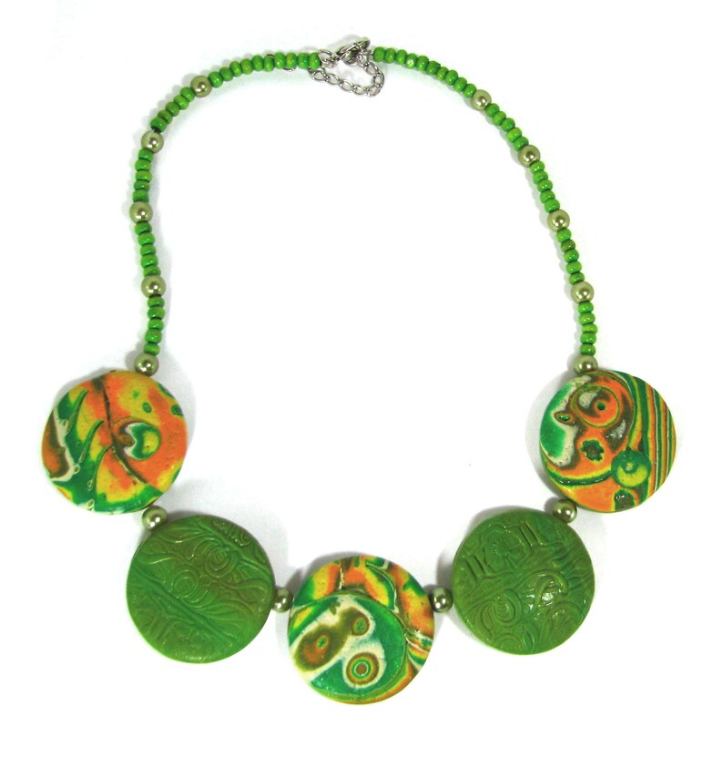 Polymer Clay Round Beads Necklace and Earrings Set Yellow and Orange Fall Colors Jewelry Set Green Necklace and Earrings Set Green