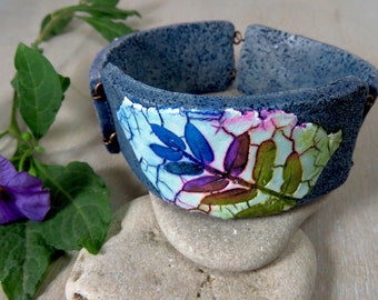 Three Pieces Blue Bracelet, Polymer Clay Cuff, Blue Bracelet with Crackle Blue, Purple and Green Floral Pattern, Primitive Rustic Cuff