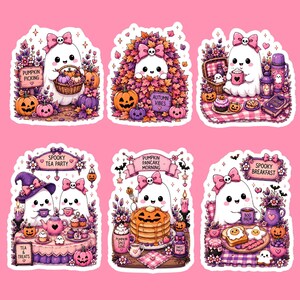 May include: A set of six die-cut stickers featuring cute white ghosts with pink bows. Scenes include pumpkin picking, autumn leaves, a picnic, a tea party, eating pumpkin pancakes, and a breakfast spread with text like Spooky Tea Party and Boo Brew.
