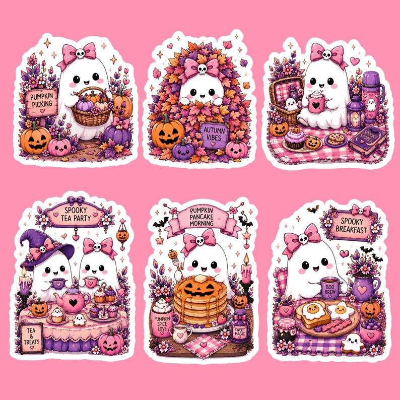 May include: A set of six die-cut stickers featuring cute white ghosts with pink bows. Scenes include pumpkin picking, autumn leaves, a picnic, a tea party, eating pumpkin pancakes, and a breakfast spread with text like Spooky Tea Party and Boo Brew.