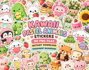 Kawaii Sticker Bundle, Pastel Animals, Cozy Food, Flowers, Cottagecore Clipart (Digital Download)