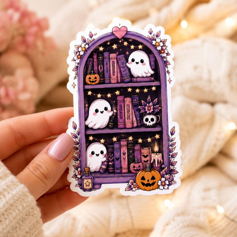 May include: A die-cut sticker featuring a purple arched bookshelf filled with books, three small white ghosts, orange pumpkins, a skull mug, a lit candle, and a star-topped bottle, all decorated with small white flowers and hanging string lights.