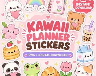 Kawaii Planner PNG Stickers, Pink Journal Clipart Bundle (Canva Template)