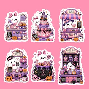 May include: A set of six stickers featuring cute ghosts in pastel purple and pink settings, including a ghost bakery, a tiered cake, a witchy donut cart, a ghost coffee bar, a trick-or-treat cauldron, and a potion shop with various labeled bottles.