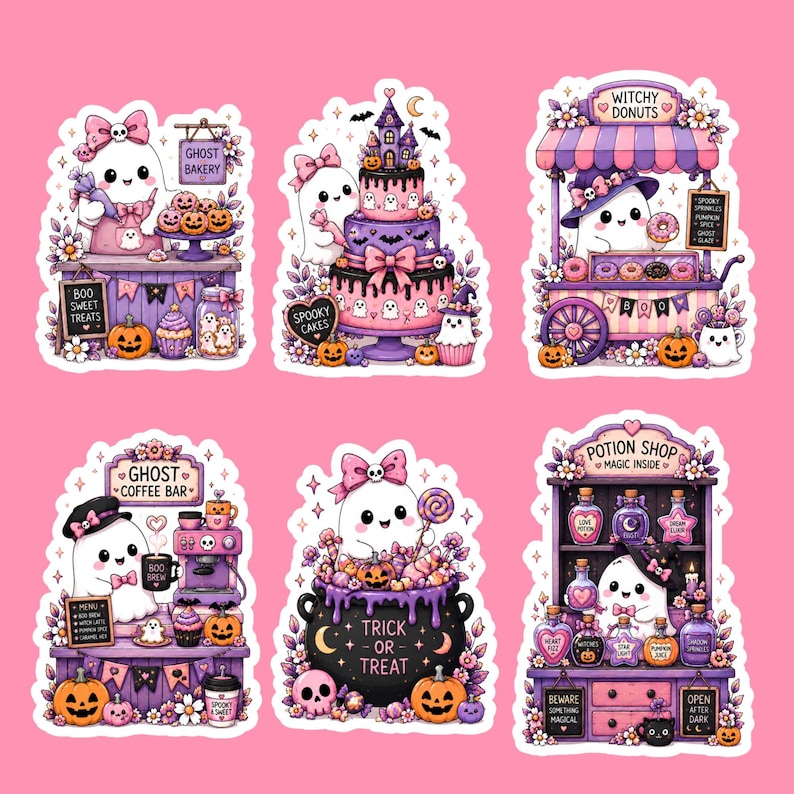 May include: A set of six stickers featuring cute ghosts in pastel purple and pink settings, including a ghost bakery, a tiered cake, a witchy donut cart, a ghost coffee bar, a trick-or-treat cauldron, and a potion shop with various labeled bottles.