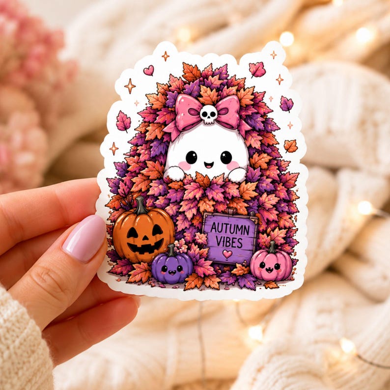 May include: A die-cut sticker featuring a white ghost with a pink bow and skull accent, nestled in a pile of purple and orange autumn leaves. The design includes an orange jack-o'-lantern, a purple pumpkin, a pink pumpkin, and a sign reading AUTUMN VIBES.