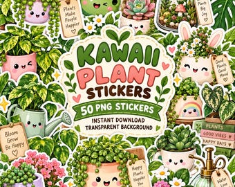 Kawaii Plant Stickers PNG Bundle: Potted Plants, Botanical Planner, Cricut Sublimation (Digital Download)
