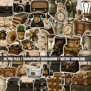 May include: A collection of vintage-style illustrations featuring items such as a typewriter, rotary phone, pocket watch, gramophone, camera, suitcases, and a birdcage, with the text 55 PNG FILES / TRANSPARENT BACKGROUND / INSTANT DOWNLOAD.