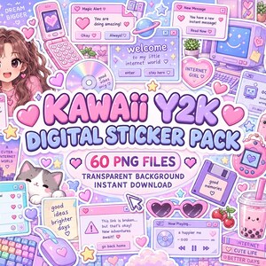 Puede incluir: Un paquete de pegatinas digitales con 60 archivos PNG de estética Y2K. Los elementos incluyen un personaje de dibujos animados, ventanas de ordenador retro, un teléfono plegable, un disquete, una cámara, un té de burbujas y corazones.