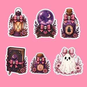 May include: A set of six stickers featuring purple and pink illustrations of a lantern, a crystal ball, a potion bottle with a ghost label, a spellbook, a small potion jar, and a ghost wearing a pink bow, all decorated with flowers and skulls.