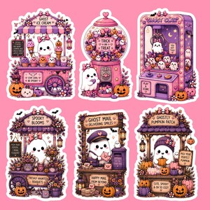 May include: A set of six die-cut stickers featuring cute ghosts in various settings including a Ghost Ice Cream cart, a Trick or Treat gumball machine, a Ghost Claw arcade game, a Spooky Blooms flower stand, a Ghost Mail station, and a Pumpkin Patch.