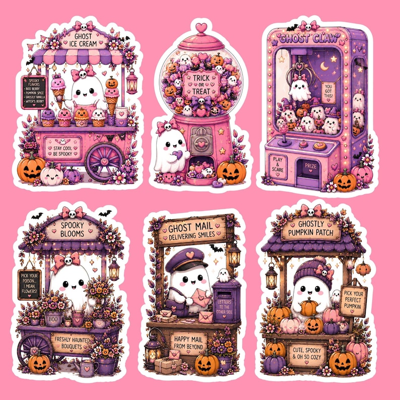 May include: A set of six die-cut stickers featuring cute ghosts in various settings including a Ghost Ice Cream cart, a Trick or Treat gumball machine, a Ghost Claw arcade game, a Spooky Blooms flower stand, a Ghost Mail station, and a Pumpkin Patch.
