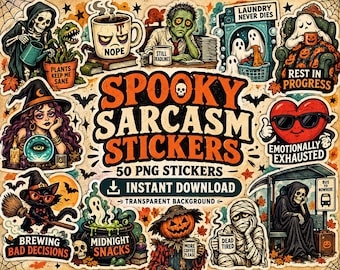 50 Halloween PNG Stickers, Funny Spooky Vintage Horror Clipart (Digital Download)