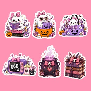 May include: A set of six Halloween-themed stickers featuring white ghosts, purple pumpkins, books labeled Ghostly Tales and Witches Brew, a television displaying the text BOO, a bubbling cauldron, and a stack of books adorned with pink bows and skulls.